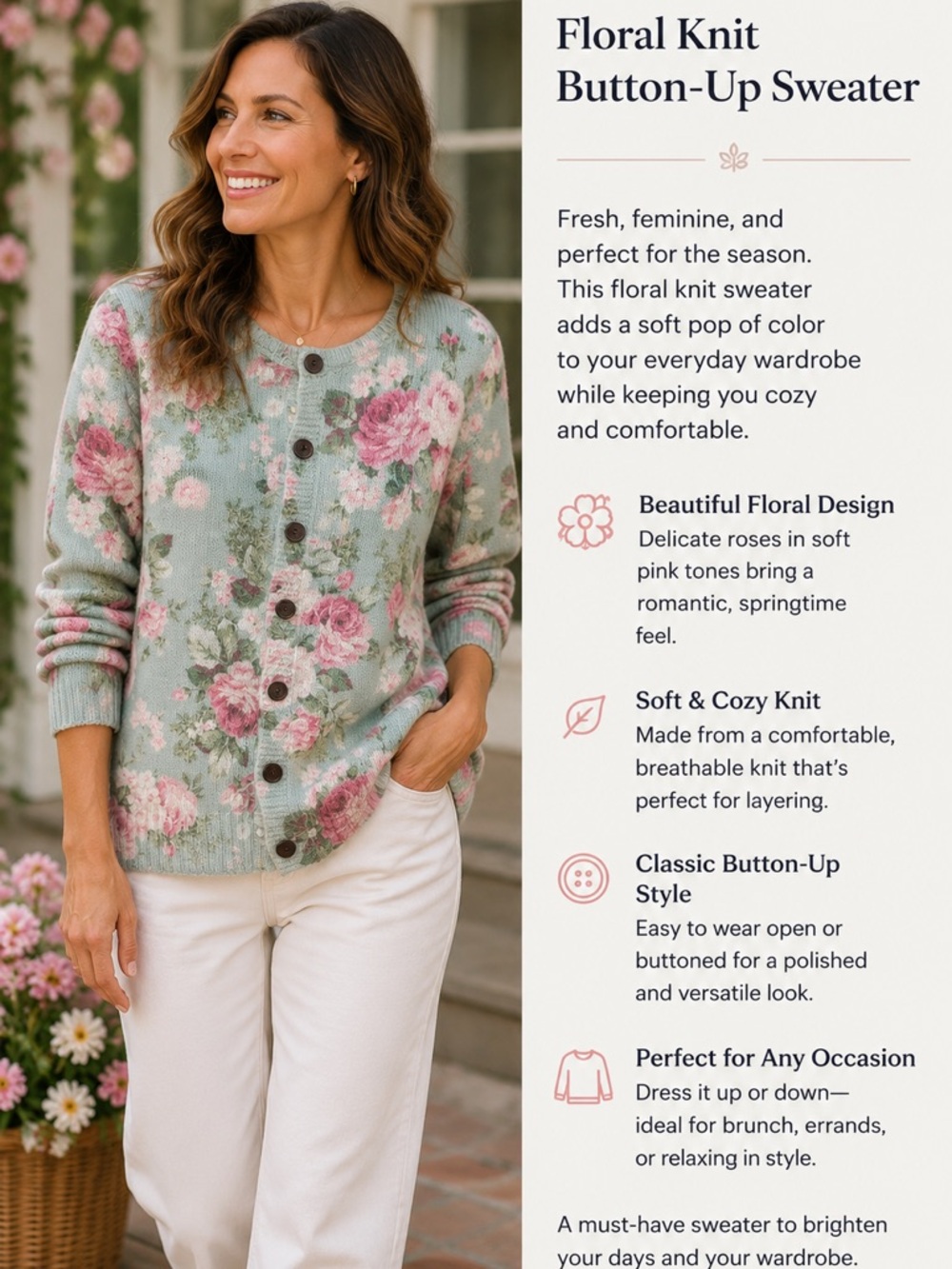 Floral Button-Up Cardigan Sweater - Mint Green with Pink Roses